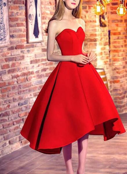 Lovely Satin Red Sweetheart High Low Dress, Pretty Sweet 16 Dresses, Teen Formal Dress