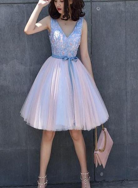 Pink Short Lace V Neck Elegant Homecoming Dresses,short Prom Dresses ,  Lovely Floral Party Dress on Luulla