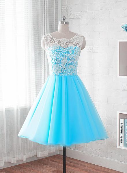 Blue Short Lace Party Dresses, Teen Formal Dresses, Junior Party Dresses