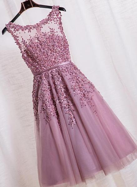 Pink Tea Length School Homecoming Dresses, Applique Pearls ?short Prom Dresses, Pink Party Dresses