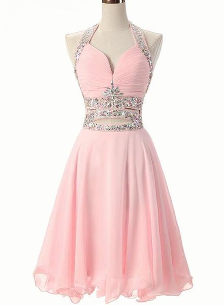 Pink Beaded Short Chiffon Style Formal Dress , Pink Homecoming Dresses, Short Party Dresses
