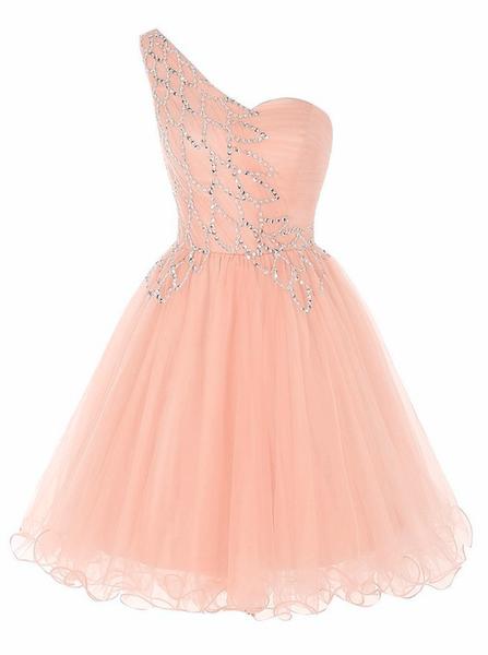 Pink Cute Short Party Dress, ?one Shoulder Short Dresses, Pink Beaded Tulle Homecoming Dress