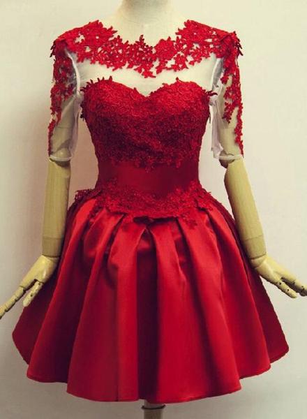 Red Short Sleeves Satin And Applique Homecoming Dresses, Red Short Prom Dresses, Formal Dress