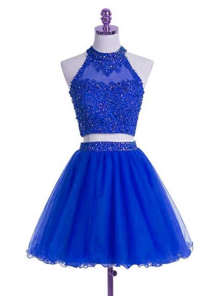 Royal Blue Two Piece Party Dress, High Quality Party Dress, Homecoming Dresses