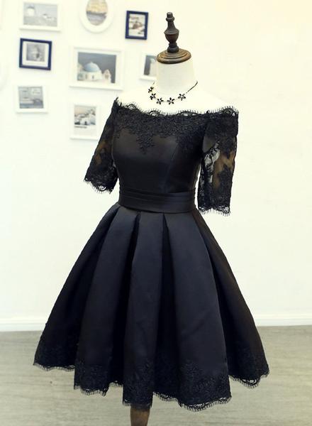 Black Short Sleeves Satin Homecoming Dress, Black Party Dress, Black Formal Dress