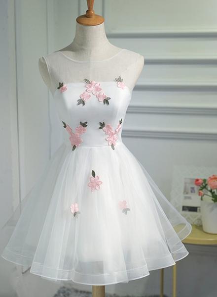 White Short Cute Graduation Party Dress , Lovely Prom Dress , Formal Dress Tulle With Flowers