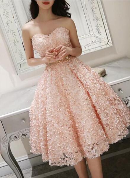 Cute Pink Floral Lace Short Sweetheart Romantic Party Dress, Teen Formal Dress