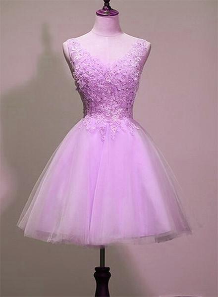 Adorable Lavender ?lace Beaded Backless V-neck Sweet 16 Cocktail Dress, Cute Homecoming Dresses
