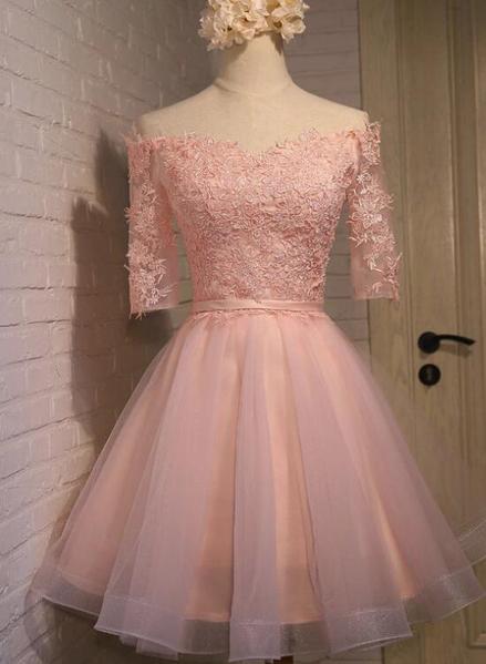 Pink Off Shoulder Sweetheart Short Homecoming Dresses, Sweet Pink 16 Party Dresses