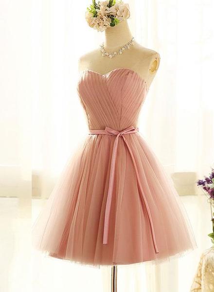 Lovely Sweetheart Short Party Dress, Pink Cute Teen Party Dress With Belt, Wedding Party Dresses