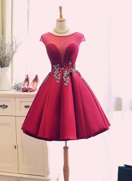 Dark Red Satin With Embroidery Knee Length Elegant Party Dress, Beautiful Red Homecoming Dress