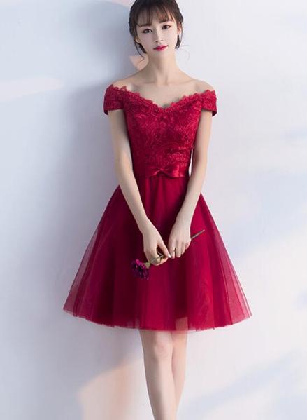 Wine Red Homecoming Dresses , Off Shoulder Short Party Dress, Formal Dresses