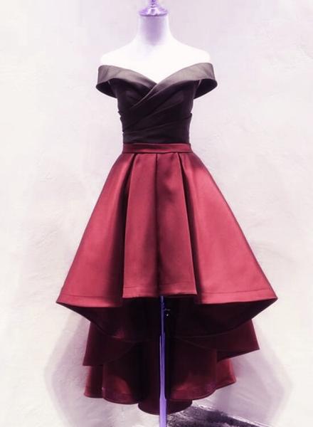 Black And Red High Low Satin Off Shoulder Party Dress, Satin Homecoming Dresses , Formal Dress