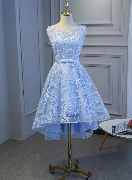 Light Blue High Low Homecoming Dresses , Blue Party Dress With Belt, Cute Formal Dresse