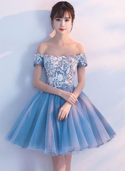 Blue Tulle Party Dress With White Lace, Off Shoulder Style Homecoming Dresses