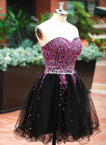 Gorgeous Black Homecoming Dresses, Beaded Sweetheart Cute Formal Dress, Sweetheart Short Prom Dress