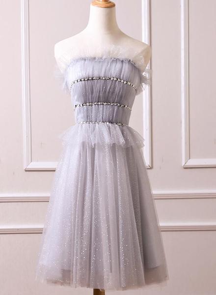 Grey Tulle Beaded Short Party Dress, Grey Tulle Formal Dress, Homecoming Dress 2k18