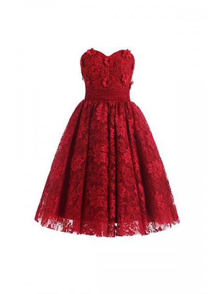 Red Lace Flowers ?sweetheart Party Dress, Lace Graduation Dress, Homecoming Dress