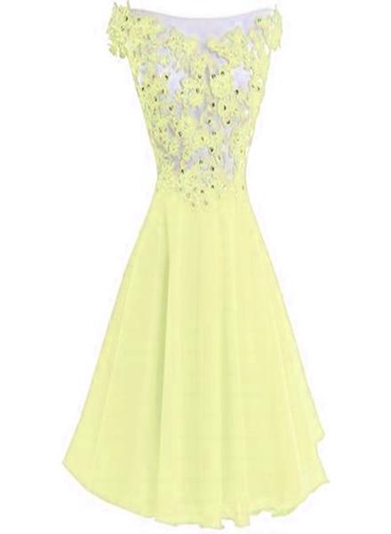 Light Yellow Round Chiffon Lace Applique Homecoming Dress, Lovely Short Party Dress, Formal Dress