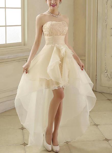 Organza And Lace Champagne High Low Homecoming Dresses, Lovely Formal Dress, Cute Party Dress