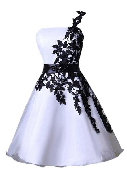 slim fit dress slacks Berylove Women Black White Graduation Dress Ruffle A Line One Shoulder Homecoming Dress, Black & White / US4 main image 0