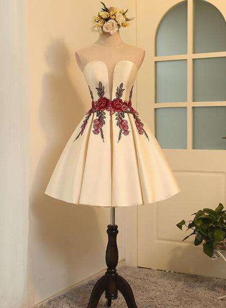 Beautiful Satin Short Cute Party Dress In Stock, Lovely Formal Dresses, Homecoming Dress With Embroidery