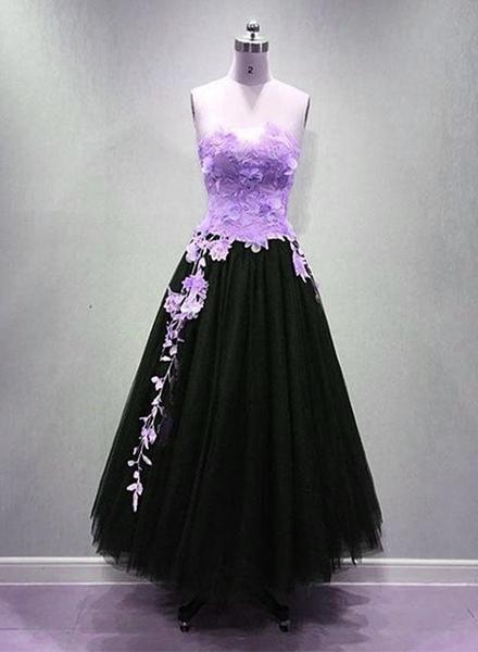 Lavender And Black Sweetheart Floor Length Formal Gown, Black Party Dresses