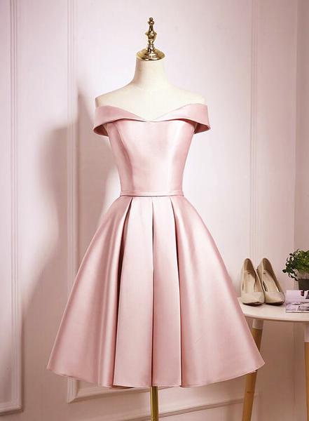 Light Pink Off Shoulder Knee Length Bridesmaid Dress Pink Satin Homecoming Dress on Luulla