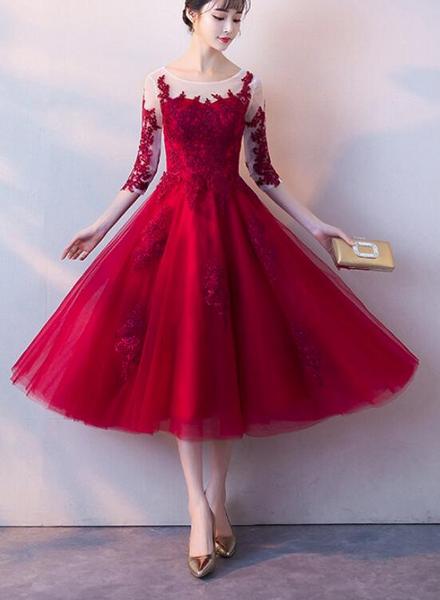 Black A-Line Flatter Sleeves Ruffles Tulle Tea Length Formal Dress