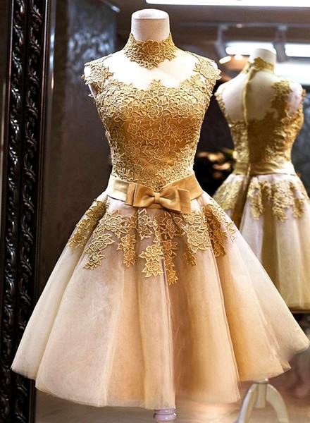 Champagne Tulle With Applique Elegant Vintage Style Prom Dress, ?knee Length Junior Prom Dress