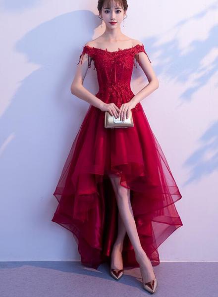 Dark Red High Low Dress Beautiful Tulle And Lace Prom Dress