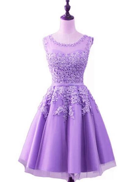Purple Short Tulle Beaded Round Neckline Knee Length Party Dress Junior Prom Dress on Luulla