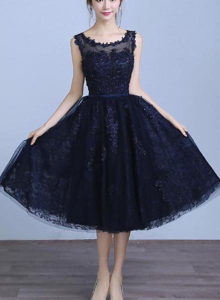 Navy Blue Lace And Tulle Tea Length Round Neckline Party Dress, Blue Wedding Party Dresses