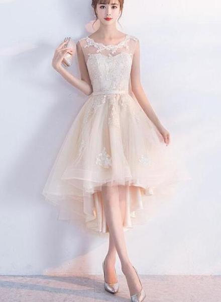 Champagne Lace Round Neckline High Low Tulle Formal Dress, Cute Party Dresses 20019