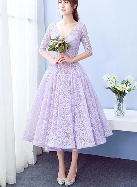 Beautiful Lace Short Sleeves Tea Length Wedding Party Dress, Cute Prom Dress