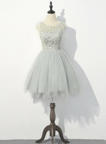 Cute Grey with Lace Round Neckline Party Dress, Women Formal Dresses