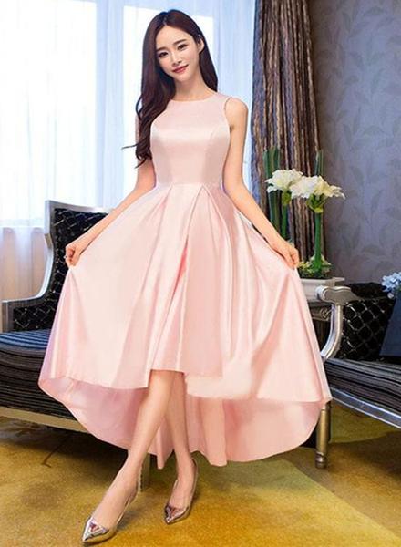 Light Pink Round Neckline High Low Simple Party Dress, Pink Style Homecoming Dress