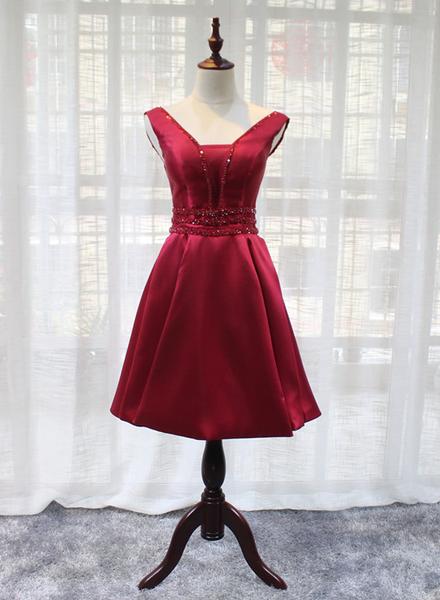 Bridesdayprom Beautiful Dark Red Satin V Neckline Party Dress Charming Short Homecoming Dress