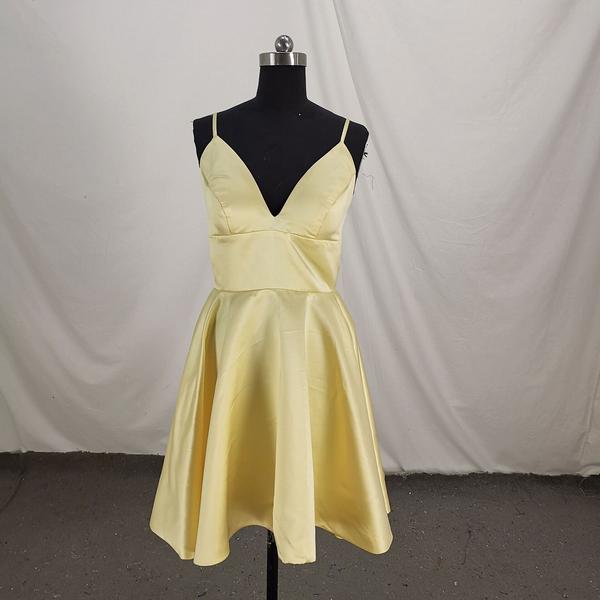 Cute Yellow Satin Pleated Sheath Short Cocktail Dress Formal Homeocming Dress Y9073