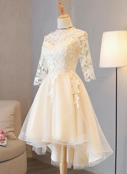 Light Champagne Lace 1/2 Sleeves Tulle Homecoming Dress, Short Party Dress
