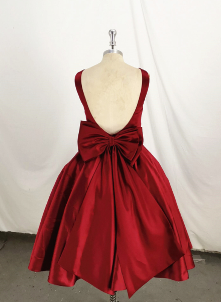 Dark Red Satin Backless Vintage Style Party Dress With Bow, High Quality Handmade Dress