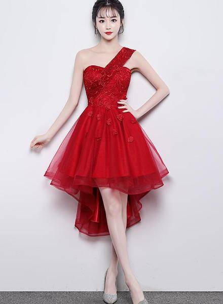 Cute One Shoulder Sweetheart Tulle High Low Party Dress, Red Homecoming Dress