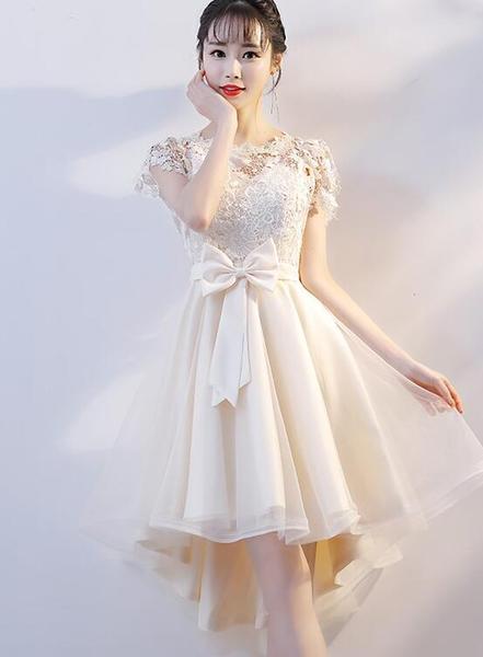 Lovely Champagne Tulle High Low Party Dress, Cute Lace Homecoming Dress With Bow