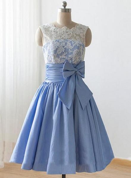 Light Blue Illusion Neckline Lace A-line Short Wedding Party Dress, Bridesmaid Dress With Ribbon