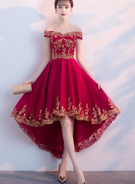 Dark Red Homecoming Dress , High Low Off Shoulder Party Dress