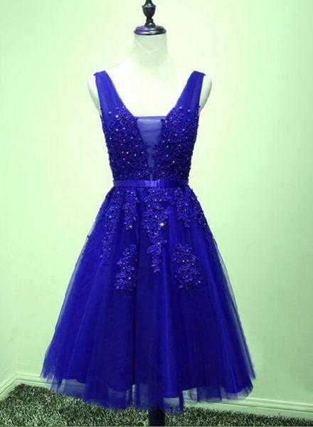 Lovely Blue V-neckline Lace Applique Homecoming Dress, Short Prom Dress
