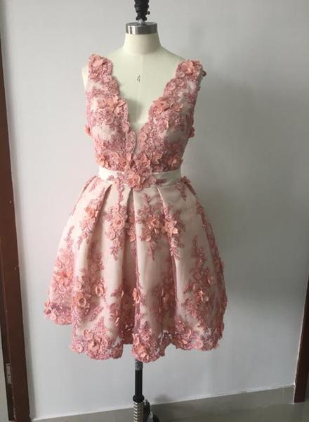 Lovely Short Lace Appliques Hand-made Flower Homecoming Dress, Cute Prom Dress