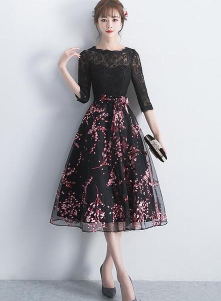 Black Lace Top With Floral Skirt Tea Length Party Dress, Cute Party Dress