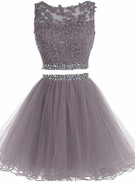Lovely Grey Tulle Two Piece Homecoming Dress, Short Prom Dress
