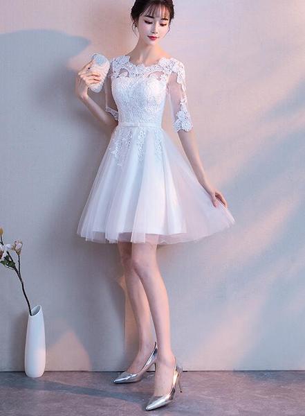 Beautiful White Tulle With Lace Top Short Sleeves Party Dress, Graduation Dress
